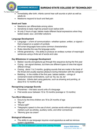 LEARNING MODULE SURIGAO STATE COLLEGE OF TECHNOLOGY
Educ 1: The Child & Adolescent Learners & the Learning Principles 125
August 2020 Edition
Princes Grace A. Retita, MGC, LPT
 Immediately after birth, infants cannot hear soft sounds or pitch as well as
adults do
 Newborns respond to touch and feel pain
Smell and Taste
 Newborns can differentiate among odors
 Sensitivity to taste might be present even before birth
 At only 2 hours of age, babies made different facial expressions when they
tasted sweet, sour, and bitter solutions
Language Development
 Language -- a form of communication—whether spoken, written, or signed—
that is based on a system of symbols
 All human languages have some common characteristics
 Rules describe the way the language works
 Infinite generativity -- the ability to produce an endless number of meaningful
sentences using a finite set of words and rules
Key Milestones in Language Development
 Babies' sounds and gestures go through this sequence during the first year
 Crying: can signal distress, but there are different types of cries that signal
different things
 Cooing: about 1 to 2 months, gurgling sounds that are made in the back of
the throat and usually express pleasure during interaction with the caregiver
 Babbling: In the middle of the first year, babies babble -- strings of
consonant-vowel combinations, such as “ba, ba, ba, ba”
 Gestures: Infants start using gestures, such as showing and pointing, at
about 8 to 12 months of age
Recognizing Language Sounds
 Phonemes -- the basic sound units of a language
 First words occur between 10 to 15 months (average is 13 months)
Two-Word Utterances
 Occurs by the time children are 18 to 24 months of age
 “Big car”
 “Where ball?”
 Telegraphic speech is the use of short, precise words without grammatical
markers such as articles, auxiliary verbs, and other connectives
 “Mommy give ice cream”
Biological Influences
 The ability to use language requires vocal apparatus as well as nervous
system capabilities
 