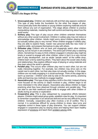 LEARNING MODULE SURIGAO STATE COLLEGE OF TECHNOLOGY
Educ 1: The Child & Adolescent Learners & the Learning Principles 135
August 2020 Edition
Princes Grace A. Retita, MGC, LPT
Parten’s Six Stages Of Play
1. Unoccupied play. Children are relatively still and their play appears scattered.
This type of play builds the foundation for the other five stages of play.
Unoccupied play looks like babies or young children exploring materials around
them without any sort of organization. This stage allows children to practice
manipulating materials, mastering their self-control and learning about how the
world works.
2. Solitary play. This type of play occurs when children entertain themselves
without any other social involvement. Children in solitary play may not notice or
acknowledge other children. Adults might worry about children playing alone,
but actually solitary play is very normal. When children engage in solitary play,
they are able to explore freely, master new personal skills like new motor or
cognitive skills, and prepare themselves to play with others.
3. Onlooker play. Children who sit back and engagingly watch other children
playing, but do not join in are onlookers. The active part of their play is watching
others. Sometimes it’s easy to think children engaged in onlooker play might be
lonely or scared to engage with other children, when in fact it is a very normal
part of play development. Just as adults “people watch” at the coffee shop,
children learn a lot by watching others. They learn about the social rules of play
and relationships, they explore different ways of playing or using materials and
they learn about the world in general.
4. Parallel play. This occurs when children play next to each other, but are not
really interacting together. For example, two children may drive cars on the
carpet next to each other, but their play does not actually overlap. In this stage,
children are not really engaging in a social exchange. Think of this stage like a
warm up exercise – children work side by side on the same activity, practicing
skills and learning new methods to engage together.
5. Associative play. This type of play signifies a shift in the child. Instead of being
more focused on the activity or object involved in play, children begin to be
more interested in the other players. Associative play allows children to begin
practicing what they have observed through onlooker and parallel play. They
can start to use their newfound social skills to engage with other children or
adults during an activity or exploration.
6. Cooperative play. This is play categorized by cooperative efforts between
players. Children might adopt group goals, establish rules for play. It’s important
to remember cooperation is an advanced skill and can be very difficult for young
children. Ironically, cooperative play often involves a lot of conflict. This is
normal. It is sometimes difficult for young children to share, take turns and
negotiate control in these types of play scenarios. You can support children
engaged in cooperative play by staying close and helping them learn healthy
expression of emotions and teach them problem solving skills.
 