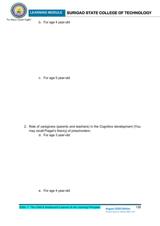 LEARNING MODULE SURIGAO STATE COLLEGE OF TECHNOLOGY
Educ 1: The Child & Adolescent Learners & the Learning Principles 138
August 2020 Edition
Princes Grace A. Retita, MGC, LPT
b. For age 4 year-old
c. For age 5 year-old
2. Role of caregivers (parents and teachers) in the Cognitive development (You
may recall Piaget’s theory) of preschoolers:
d. For age 3 year-old
e. For age 4 year-old
 