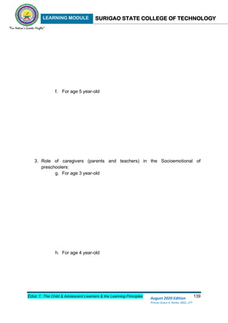 LEARNING MODULE SURIGAO STATE COLLEGE OF TECHNOLOGY
Educ 1: The Child & Adolescent Learners & the Learning Principles 139
August 2020 Edition
Princes Grace A. Retita, MGC, LPT
f. For age 5 year-old
3. Role of caregivers (parents and teachers) in the Socioemotional of
preschoolers:
g. For age 3 year-old
h. For age 4 year-old
 