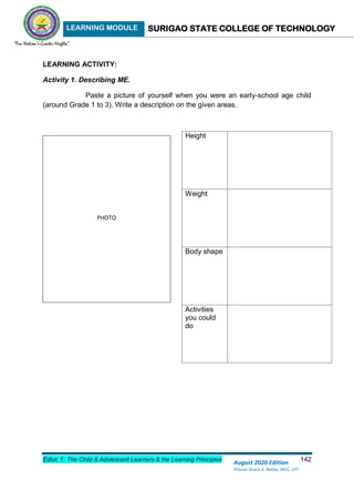 LEARNING MODULE SURIGAO STATE COLLEGE OF TECHNOLOGY
Educ 1: The Child & Adolescent Learners & the Learning Principles 142
August 2020 Edition
Princes Grace A. Retita, MGC, LPT
LEARNING ACTIVITY:
Activity 1. Describing ME.
Paste a picture of yourself when you were an early-school age child
(around Grade 1 to 3). Write a description on the given areas.
Height
Weight
Body shape
Activities
you could
do
PHOTO
 