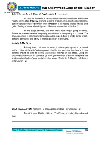 LEARNING MODULE SURIGAO STATE COLLEGE OF TECHNOLOGY
Educ 1: The Child & Adolescent Learners & the Learning Principles 144
August 2020 Edition
Princes Grace A. Retita, MGC, LPT
Erik Erikson’s Fourth Stage of Psychosocial Development
Industry vs. inferiority is the psychosocial crisis that children will have to
resolve in this stge. Industry refers to a child’s involvement in situations where long,
patient work is demanded of them, while inferiority is the feeling created when a child
gets a feeling of failure when they cannot finish or master their school work.
In this stage, children, will most likely, have begun going to school.
School experiences become the priority, with children so busy doing school work. The
encouragement of parents and caring educators helps to build a child’s sense of self-
esteem, confidence and ability to interact positively in the world.
Activity 3. My Ways
Primary school children’s socio-emotional competency should be viewed
in the context of the child’s development. Health-care providers, teachers and pare
parents should be able to identify appropriate dealings at this stage. Using the
provided space below, list down five (5) ways you will do as a teacher to improve the
socioemotional skills of your pupils from this stage. (Content – 5; Creativity of ideas –
3; Grammar – 2)
SELF- EVALUATION: (Content – 5; Organization of ideas – 2; Grammar – 2)
From this topic, Middle childhood (The Primary schooler), I have learned
that,
___________________________________________________________________
___________________________________________________________________
___________________________________________________________________
 
