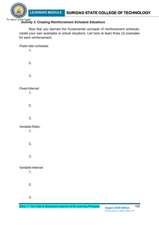LEARNING MODULE SURIGAO STATE COLLEGE OF TECHNOLOGY
Educ 1: The Child & Adolescent Learners & the Learning Principles 192
August 2020 Edition
Princes Grace A. Retita, MGC, LPT
. Activity 3. Creating Reinforcement Schedule Situations
Now that you learned the fundamental concepts of reinforcement schedule,
create your own examples or actual situations. List here at least three (3) examples
for each reinforcement.
Fixed-ratio schedule:
1.
2.
3.
Fixed-Interval:
1.
2.
3.
Variable-Ratio:
1.
2.
3.
Variable-Interval:
1.
2.
3.
 