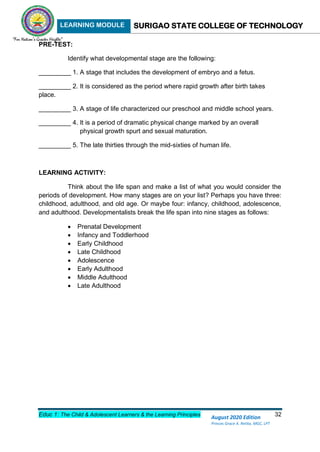 LEARNING MODULE SURIGAO STATE COLLEGE OF TECHNOLOGY
Educ 1: The Child & Adolescent Learners & the Learning Principles 32
August 2020 Edition
Princes Grace A. Retita, MGC, LPT
PRE-TEST:
Identify what developmental stage are the following:
_________ 1. A stage that includes the development of embryo and a fetus.
_________ 2. It is considered as the period where rapid growth after birth takes
place.
_________ 3. A stage of life characterized our preschool and middle school years.
_________ 4. It is a period of dramatic physical change marked by an overall
physical growth spurt and sexual maturation.
_________ 5. The late thirties through the mid-sixties of human life.
LEARNING ACTIVITY:
Think about the life span and make a list of what you would consider the
periods of development. How many stages are on your list? Perhaps you have three:
childhood, adulthood, and old age. Or maybe four: infancy, childhood, adolescence,
and adulthood. Developmentalists break the life span into nine stages as follows:
 Prenatal Development
 Infancy and Toddlerhood
 Early Childhood
 Late Childhood
 Adolescence
 Early Adulthood
 Middle Adulthood
 Late Adulthood
 