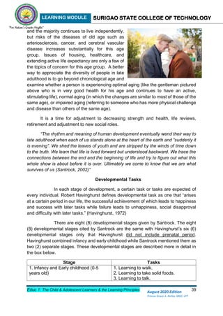 LEARNING MODULE SURIGAO STATE COLLEGE OF TECHNOLOGY
Educ 1: The Child & Adolescent Learners & the Learning Principles 39
August 2020 Edition
Princes Grace A. Retita, MGC, LPT
and the majority continues to live independently,
but risks of the diseases of old age such as
arteriosclerosis, cancer, and cerebral vascular
disease increases substantially for this age
group. Issues of housing, healthcare, and
extending active life expectancy are only a few of
the topics of concern for this age group. A better
way to appreciate the diversity of people in late
adulthood is to go beyond chronological age and
examine whether a person is experiencing optimal aging (like the gentleman pictured
above who is in very good health for his age and continues to have an active,
stimulating life), normal aging (in which the changes are similar to most of those of the
same age), or impaired aging (referring to someone who has more physical challenge
and disease than others of the same age).
It is a time for adjustment to decreasing strength and health, life reviews,
retirement and adjustment to new social roles.
“The rhythm and meaning of human development eventually wend their way to
late adulthood when each of us stands alone at the heart of the earth and “suddenly it
is evening”. We shed the leaves of youth and are stripped by the winds of time down
to the truth. We learn that life is lived forward but understood backward. We trace the
connections between the end and the beginning of life and try to figure out what this
whole show is about before it is over. Ultimately we come to know that we are what
survives of us (Santrock, 2002)”
Developmental Tasks
In each stage of development, a certain task or tasks are expected of
every individual. Robert Havinghurst defines developmental task as one that “arises
at a certain period in our life, the successful achievement of which leads to happiness
and success with later tasks while failure leads to unhappiness, social disapproval
and difficulty with later tasks.” (Havinghurst, 1972)
There are eight (8) developmental stages given by Santrock. The eight
(8) developmental stages cited by Santrock are the same with Havinghurst’s six (6)
developmental stages only that Havinghurst did not include prenatal period.
Havinghurst combined infancy and early childhood while Santrock mentioned them as
two (2) separate stages. These developmental stages are described more in detail in
the box below.
Stage Tasks
1. Infancy and Early childhood (0-5
years old)
1. Learning to walk.
2. Learning to take solid foods.
3. Learning to talk.
 