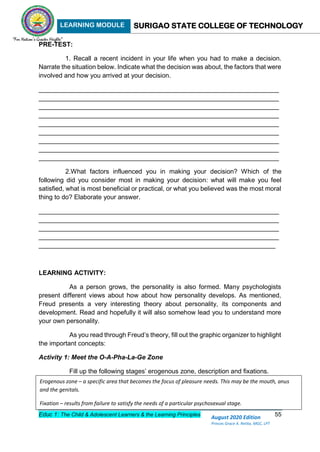 LEARNING MODULE SURIGAO STATE COLLEGE OF TECHNOLOGY
Educ 1: The Child & Adolescent Learners & the Learning Principles 55
August 2020 Edition
Princes Grace A. Retita, MGC, LPT
PRE-TEST:
1. Recall a recent incident in your life when you had to make a decision.
Narrate the situation below. Indicate what the decision was about, the factors that were
involved and how you arrived at your decision.
___________________________________________________________________
___________________________________________________________________
___________________________________________________________________
___________________________________________________________________
___________________________________________________________________
___________________________________________________________________
___________________________________________________________________
___________________________________________________________________
___________________________________________________________________
2.What factors influenced you in making your decision? Which of the
following did you consider most in making your decision: what will make you feel
satisfied, what is most beneficial or practical, or what you believed was the most moral
thing to do? Elaborate your answer.
___________________________________________________________________
___________________________________________________________________
___________________________________________________________________
___________________________________________________________________
__________________________________________________________________
LEARNING ACTIVITY:
As a person grows, the personality is also formed. Many psychologists
present different views about how about how personality develops. As mentioned,
Freud presents a very interesting theory about personality, its components and
development. Read and hopefully it will also somehow lead you to understand more
your own personality.
As you read through Freud’s theory, fill out the graphic organizer to highlight
the important concepts:
Activity 1: Meet the O-A-Pha-La-Ge Zone
Fill up the following stages’ erogenous zone, description and fixations.
Erogenous zone – a specific area that becomes the focus of pleasure needs. This may be the mouth, anus
and the genitals.
Fixation – results from failure to satisfy the needs of a particular psychosexual stage.
 