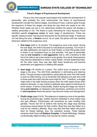 LEARNING MODULE SURIGAO STATE COLLEGE OF TECHNOLOGY
Educ 1: The Child & Adolescent Learners & the Learning Principles 57
August 2020 Edition
Princes Grace A. Retita, MGC, LPT
Freud’s Stages of Psychosexual Development
Freud is the most popular psychologist that studied the development of
personality, also probably the most controversial. His theory of psychosexual
development includes five distinct stages. According to Freud, a person goes through
the sequence of these five stages and along the way there are needs to be met.
Whether these needs are met or not, determines whether the person will develop a
healthy personality or not. The theory is quite interesting for many because Freud
identified specific erogenous zones for each stage of development. These are
specific “pleasure areas” that become focal points for the particular stage. If needs are
not met along the area, a fixation occurs. As an adult, the person will now manifest
behaviors related to this erogenous zone.
1. Oral stage (birth to 18 months). The erogenous zone is the mouth. During
the oral stage, the child is focused on oral pleasure (sucking). Too much or
too little satisfaction can lead to an Oral Fixation or Oral Personality which
is shown in an increased focus on oral activities. This type of personality
may be oral receptive or oral aggressive, that is, with a tendency to bite
his or her nails or use curse words or even gossip. As a result, these persons
may become dependent on others, easily fooled, md lack leadership traits.
On the other hand, they may also fight these tendencies and become
pessimistic and aggressive in relating with people.
2. Anal stage (18 months to 3 years). The child’s focus of pleasure in this
stage is the anus. The child finds satisfaction in eliminating and retaining
feces. Through society’s expectations, particularly the rents, the child needs
to work on toilet training. Let us remember that between one year and a half
to three years the child’s favorite word might be “No!”. Therefore, a struggle
might exist in the toilet training process when the child retains feces when
asked to eliminate, or may choose to defecate when asked to hold feces for
some reason. In terms of personality, fixation during this stage can result in
being anal retentive, an obsession with cleanliness, perfection and control;
or anal expulsive where the person may become messy and disorganized.
3. Phallic stage (ages 3 to 6). The pleasure or erogenous zone is the genitals.
During the preschool age, children become interested in what makes boys
and girls different. Preschoolers will sometimes be seen fondling their
genitals. Freud’s led him to believe that during this stage boys develop
unconscious sexual desire for their mother. Boys then see their father as a
rival for her mother’s affection. Boys may fear that their father will punish
them for theses feelings, thus, the castration anxiety. These feelings
comprise what Freud call Oedipus Complex. In Greek Mythology, Oedipus
unintentionally killed his father and married his mother Jocasta.
 
