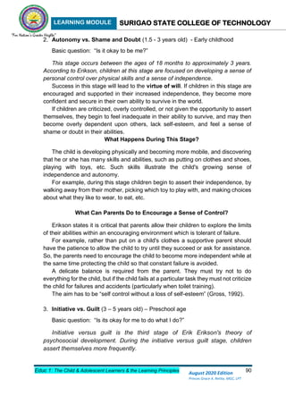LEARNING MODULE SURIGAO STATE COLLEGE OF TECHNOLOGY
Educ 1: The Child & Adolescent Learners & the Learning Principles 90
August 2020 Edition
Princes Grace A. Retita, MGC, LPT
2. Autonomy vs. Shame and Doubt (1.5 - 3 years old) - Early childhood
Basic question: “Is it okay to be me?”
This stage occurs between the ages of 18 months to approximately 3 years.
According to Erikson, children at this stage are focused on developing a sense of
personal control over physical skills and a sense of independence.
Success in this stage will lead to the virtue of will. If children in this stage are
encouraged and supported in their increased independence, they become more
confident and secure in their own ability to survive in the world.
If children are criticized, overly controlled, or not given the opportunity to assert
themselves, they begin to feel inadequate in their ability to survive, and may then
become overly dependent upon others, lack self-esteem, and feel a sense of
shame or doubt in their abilities.
What Happens During This Stage?
The child is developing physically and becoming more mobile, and discovering
that he or she has many skills and abilities, such as putting on clothes and shoes,
playing with toys, etc. Such skills illustrate the child's growing sense of
independence and autonomy.
For example, during this stage children begin to assert their independence, by
walking away from their mother, picking which toy to play with, and making choices
about what they like to wear, to eat, etc.
What Can Parents Do to Encourage a Sense of Control?
Erikson states it is critical that parents allow their children to explore the limits
of their abilities within an encouraging environment which is tolerant of failure.
For example, rather than put on a child's clothes a supportive parent should
have the patience to allow the child to try until they succeed or ask for assistance.
So, the parents need to encourage the child to become more independent while at
the same time protecting the child so that constant failure is avoided.
A delicate balance is required from the parent. They must try not to do
everything for the child, but if the child fails at a particular task they must not criticize
the child for failures and accidents (particularly when toilet training).
The aim has to be “self control without a loss of self-esteem” (Gross, 1992).
3. Initiative vs. Guilt (3 – 5 years old) – Preschool age
Basic question: “Is its okay for me to do what I do?”
Initiative versus guilt is the third stage of Erik Erikson's theory of
psychosocial development. During the initiative versus guilt stage, children
assert themselves more frequently.
 