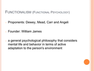 FUNCTIONALISM (FUNCTIONAL PSYCHOLOGY)
○ Proponents: Dewey, Mead, Carr and Angeli
○ Founder: William James
○ a general psyc...