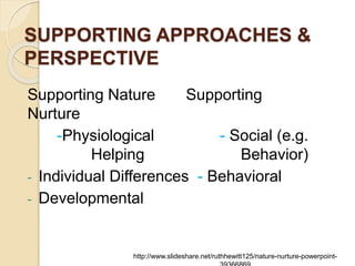 SUPPORTING APPROACHES &
PERSPECTIVE
Supporting Nature Supporting
Nurture
-Physiological - Social (e.g.
Helping Behavior)
-...