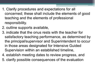 1. Clarify procedures and expectations for all
concerned; these shall include the elements of good
teaching and the elements of professional
responsibility.
2. outline supports available,
3. indicate that the onus rests with the teacher for
satisfactory teaching performance, as determined by
the principal/supervisor and Superintendent to occur
in those areas designated for Intensive Guided
Supervision within an established timeline,
4. establish meeting dates to review progress, and
5. clarify possible consequences of the evaluation
 
