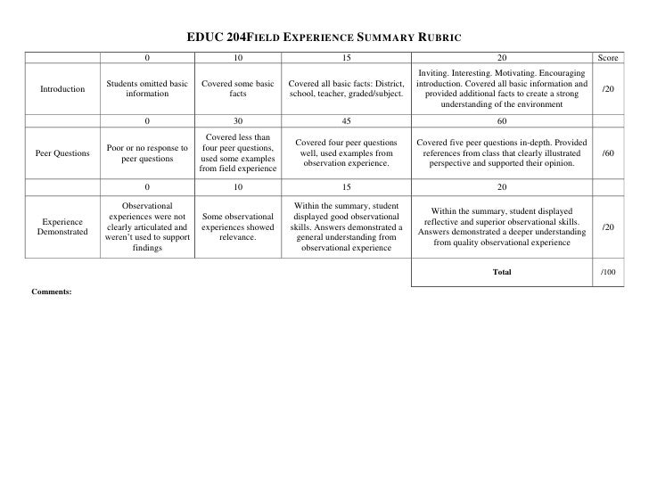 Educ 204 field experience summary final assignment rubric
