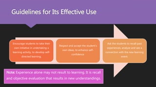 Guidelines for Its Effective Use
Encourage students to take their
own initiative in undertaking a
learning activity, to develop self-
directed learning.
Respect and accept the student’s
own ideas, to enhance self-
confidence.
Ask the students to recall past
experiences, analyze and see a
connection with the new learning
event.
Note: Experience alone may not result to learning. It is recall
and objective evaluation that results in new understandings.
 
