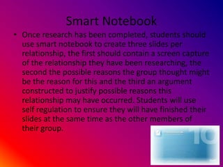 Smart Notebook
? Once research has been completed, students should
  use smart notebook to create three slides per
  relationship, the first should contain a screen capture
  of the relationship they have been researching, the
  second the possible reasons the group thought might
  be the reason for this and the third an argument
  constructed to justify possible reasons this
  relationship may have occurred. Students will use
  self regulation to ensure they will have finished their
  slides at the same time as the other members of
  their group.
 