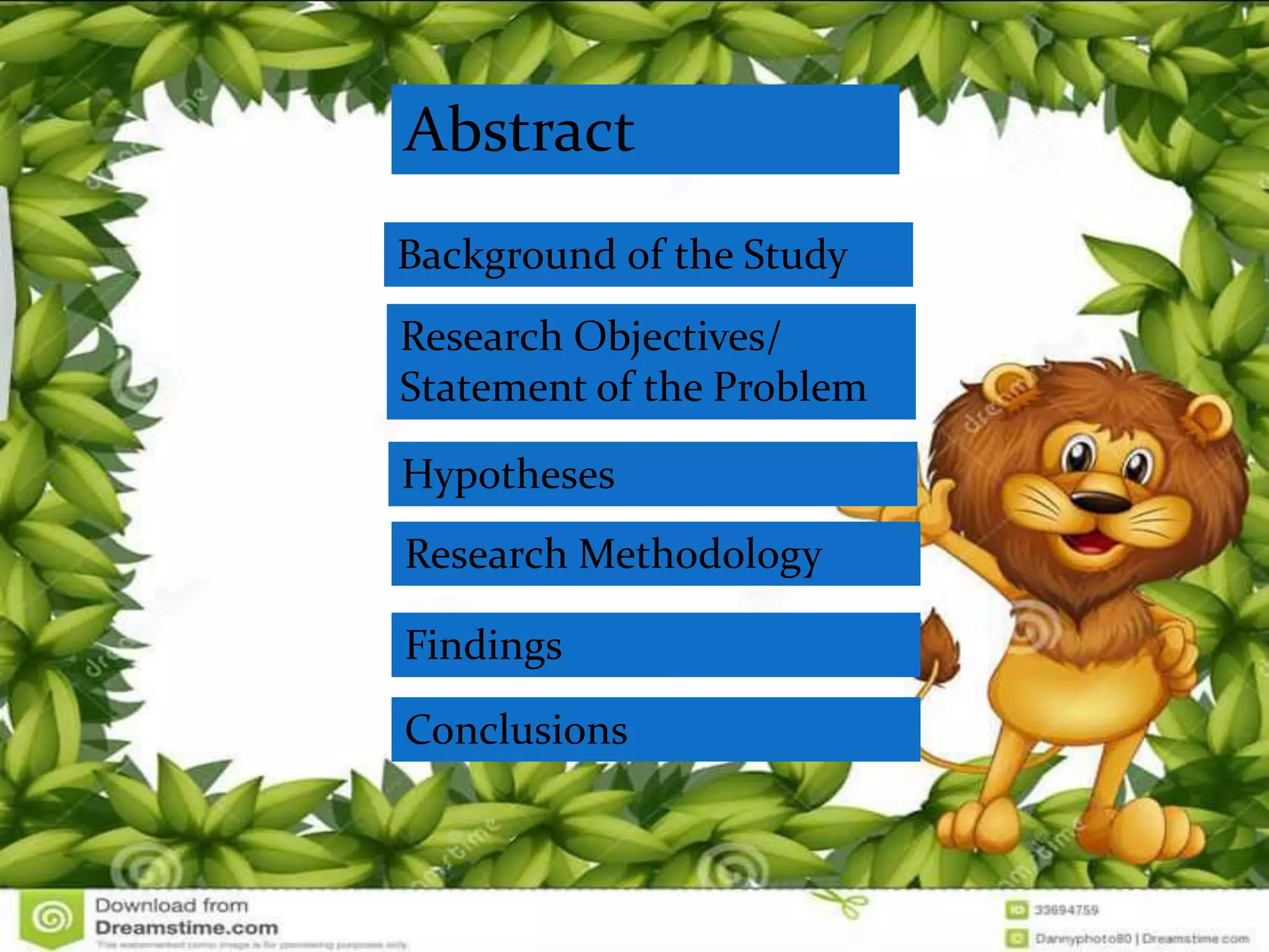 Abstract
Background of the Study
Research Objectives/
Statement of the Problem
Hypotheses
Research Methodology
Findings
Conclusions
 