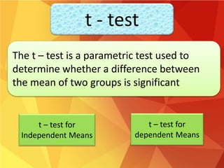 The t – test is a parametric test used to
determine whether a difference between
the mean of two groups is significant
t – test for
Independent Means
t – test for
dependent Means
t - test
 