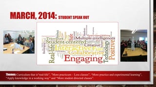 MARCH, 2014: STUDENT SPEAK OUT
Themes: Curriculum that is“real-life”, ”More practicum – Less classes”, “More practice and experimental learning”,
“Apply knowledge in a working way” and “More student directed classes”.
 