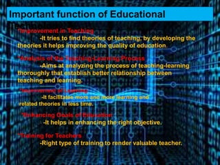 Important function of Educational
Technology*Improvement in Teaching
-It tries to find theories of teaching, by developing the
theories it helps improving the quality of education.
*Analysis of the Teaching-Learning Process
-Aims at analyzing the process of teaching-learning
thoroughly that establish better relationship between
teaching and learning.
*Enhancing Goals of Education
-It helps in enhancing the right objective.
*Training for Teachers
-Right type of training to render valuable teacher.
*Improvement of Learning
-It facilitates more and more learning and
related theories in less time.
 