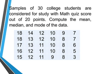 18 14 12 10 9 7
18 13 12 10 8 7
17 13 11 10 8 6
16 12 11 10 8 5
15 12 11 9 8 3
Samples of 30 college students are
considered for study with Math quiz score
out of 20 points. Compute the mean,
median, and mode of the data.
 