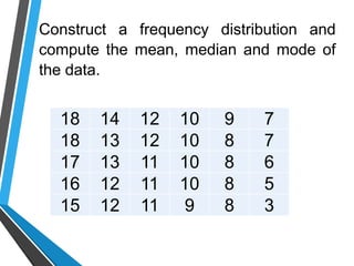 18 14 12 10 9 7
18 13 12 10 8 7
17 13 11 10 8 6
16 12 11 10 8 5
15 12 11 9 8 3
Construct a frequency distribution and
compute the mean, median and mode of
the data.
 