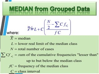 ° median
lower real limit of the median class
otal number of cases
um of the cumulative frequencies "lesser than"
up to but below the median class
frequency of the median class
cla
X
L
N t
Cf s
fC
C








ss interval
% 2
N
C f
x L C
f C

 
 
   
 

where:
 