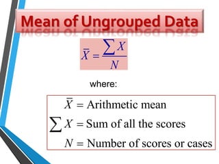 where:
Mean of Ungrouped Data
X
X
N


Arithmetic mean
Sum of all the scores
Number of scores or cases
X
X
N




 