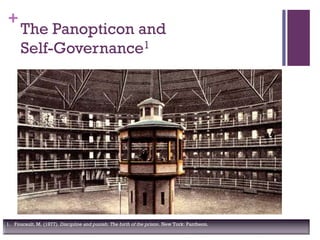 +
The Panopticon and
Self-Governance1
1. Foucault, M. (1977). Discipline and punish: The birth of the prison. New York: Pantheon.
 