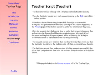 Teacher Script (Teacher) [ Student Page ] Title Introduction Learners Standards Process Resources Credits Teacher Page -The facilitator should open up with a brief description about the activity. -Then the facilitator should have each student open up to the  Title  page of the  student section. -From here, the facilitator may give the kids free reign to explore the WebQuest and gather their information, clicking on the various hyperlinks in the  Process  page of the student section to gather the information they need.  -Once the students have had ample time to gather their research (no more than an hour), the facilitator should have the students open a Microsoft Word document and begin writing their poem, while still having the WebQest available to return to for help or for the rhyming dictionary. -The students should have no more than one hour to write their poem and then the facilitator should have the students print off their poems and hand them in.  -The facilitator should then make sure that all of the students successfully log off of their computers and then have the students follow whatever activity is to follow. *This page is linked to the  Process segment  off of the Teacher Page Evaluation Teacher Script Conclusion 