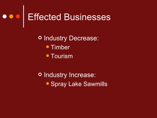 Effected Businesses Industry Decrease: Timber Tourism Industry Increase: Spray Lake Sawmills 
