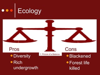 Ecology Pros Diversity Rich undergrowth Cons Blackened Forest life killed 1: Picture of a Balance 