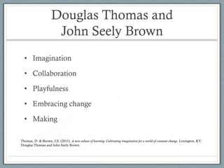 Douglas Thomas and
                      John Seely Brown
  • Imagination

  • Collaboration

  • Playfulness

  • Embracing change

  • Making

Thomas, D. & Brown, J.S. (2011). A new culture of learning: Cultivating imagination for a world of constant change. Lexington, KY:
Douglas Thomas and John Seely Brown.
 