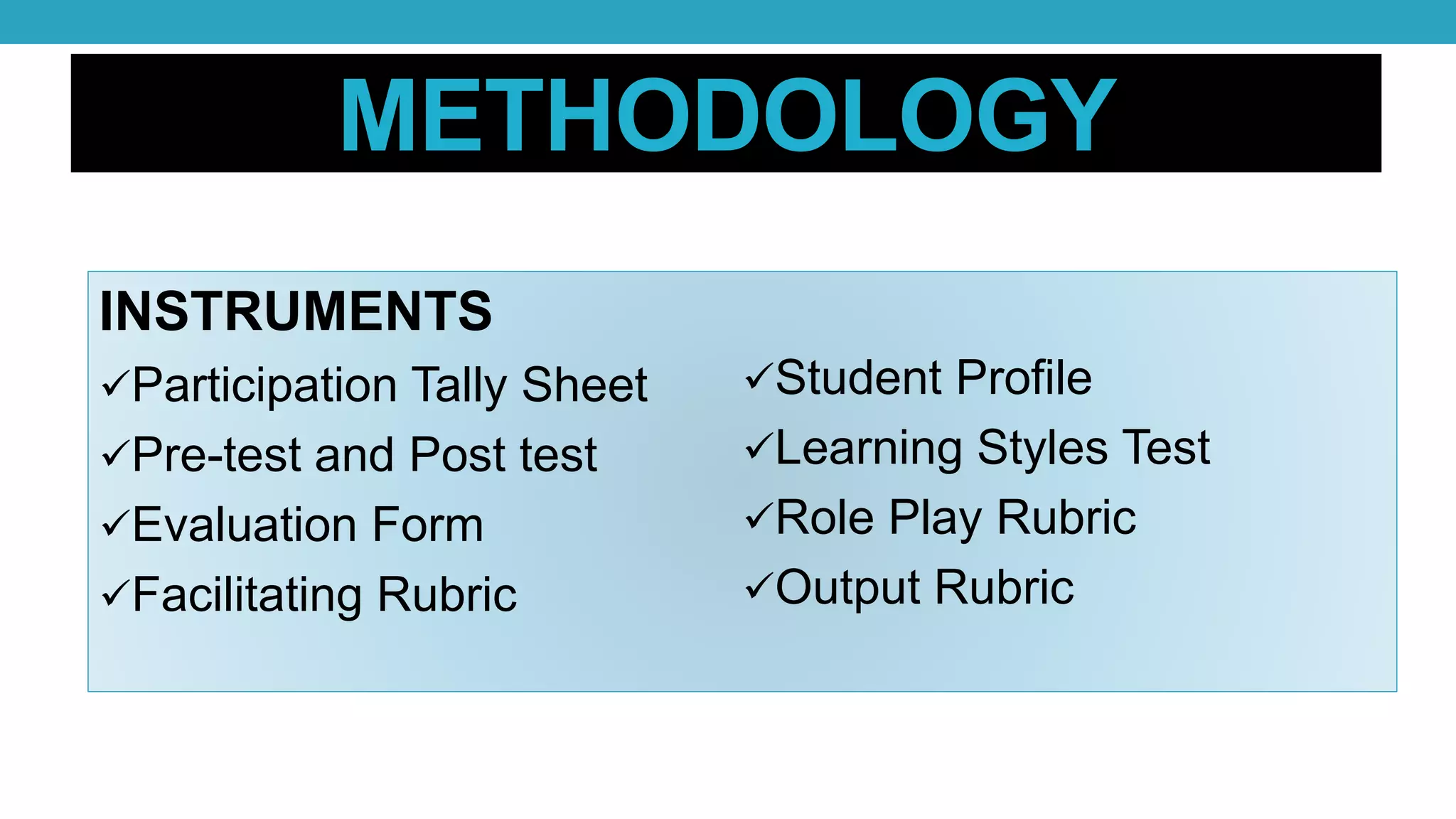METHODOLOGY
INSTRUMENTS
Participation Tally Sheet
Pre-test and Post test
Evaluation Form
Facilitating Rubric
Student Profile
Learning Styles Test
Role Play Rubric
Output Rubric
 