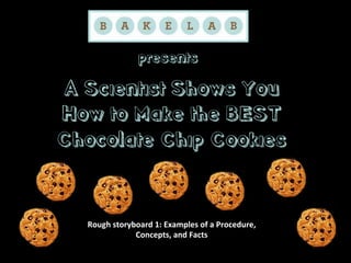 presents

A Scientist Shows You
How to Make the BEST
Chocolate Chip Cookies


  Rough	
  storyboard	
  1:	
  Examples	
  of	
  a	
  Procedure,	
  
                 Concepts,	
  and	
  Facts	
  
 