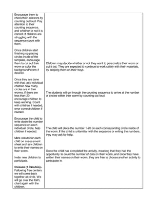 Encourage them to
check their answers by
counting out loud. Pay
attention to their
counting sequence,
and whether or not it is
correct. If children are
struggling with the
sequence count with
them.
Once children start
finishing up placing
circles inside of the
template, encourage
them to cut out their
worm or color the
background/worm if
desired.
Once they are done
with that, ask individual
children how many
circles are in their
worms. If there are
less than 20
encourage children to
keep working. Count
with children if needed,
error correct children if
needed.
Encourage the child to
write down the number
sequence on each
individual circle, help
children if needed.
Mark results for each
child on assessment
sheet and ask children
to write their names on
their worm.
Invite new children to
participate.
Closure (5 minutes)-
Following free centers
we will come back
together at circle. We
will go over the KWL
chart again with the
children.
Children may decide whether or not they want to personalize their worm or
cut it out. They are expected to continue to work safely with their materials,
by keeping them on their trays.
The students will go through the counting sequence to arrive at the number
of circles within their worm by counting out loud.
The child will place the number 1-20 on each corresponding circle inside of
the worm. If the child is unfamiliar with the sequence or writing the numbers,
they may ask for help.
Once the child has completed the activity, meaning that they had the
opportunity to count the number of dots on their worm, and once they have
written their names on their worm, they are free to choose another activity to
participate in.
 