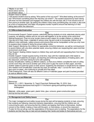 “Maybe in our next
lesson about worms
we will learn about…”
Student Voice to Gather
I will assess student voice by asking “Who wants to find out more?” “Who liked looking at the worms?”
and “Who knows something about this that they can share?". The student responses by hand raising
will show me how interested and engaged the children are with the topic still or if we should move on
from worms to another topic. By asking the children if they know something they can share, it also acts
as a form of assessment, and helps me progress monitor myself to ensure that learning is in fact
taking place within the classroom.
12. Differentiated Instruction
Plan
Environmental Support: Carpet squares, selectively placing students at circle, selectively placing adult
supports, not allowing children who do not work well together to do the activity at the same time.
Special Equipment: Chair at circle, buckle chairs at each station for smaller children or children who
may slip out of their chairs, materials of various sizes, big and small, to incorporate children of all
different motor skill levels, safety scissors and scissors that can be manipulated so that you only have
to squeeze down instead of doing the actual cutting motion.
Adult Support: Monitoring the children for appropriate circle time behaviors, as well as coming around
to assist children with any other potential needs, ensuring children are respecting their peers and their
environment at all times.
Peer Support: Seating children based on children they work well with and separating them from those
they do not.
Invisible Support: Carpet squares during circle time, trays with the materials each child needs to
successfully complete the art project, pre-teaching and enforcing expectations of treating peers, and
the classroom, and hand raising for turns with speaking.
Activity Simplification: Setting up different stations, so that once children complete the task of cutting
out the worm they will move to another part of the room to glue the worm on their paper, and then
another station to paint the grass on their picture. Explaining the directions in simple terms for children
who needed more simplification could also be used, for example, step 1: cut out the worm, step 2:
glue worm on paper, and continuing to simplify all of the steps.
Child Preferences: There will also be different colors of materials (paper and paint brushes) provided
as well as different sizes.
13. Resources and Materials
Plan
Resources:
Stewart, D. J. (2011, November 3). Teach Preschool. Retrieved May 10, 2016, from
http://www.teachpreschool.org/2011/11/inchworm-gluing-and-painting-activity-in-pre-
kindergarten/
Materials: white paper, green paint, plastic forks, glue, scissors, green construction paper.
Inch by Inch by Leo Lionni
14. Management and Safety Issues
Plan
The major management and safety issues during this task will be keeping students on task, ensuring
that students are following classroom behavior expectations, ensuring that the children are not
consuming the paint, and ensuring that the children are keeping their forks to themselves. Another
concern is the children making a mess with the paint, on themselves, or around the classroom.
To plan for this we will go over the expectations of the lesson prior to starting. The expectations for the
students are that they stay on task and are keeping their hands and bodies to themselves and are
 