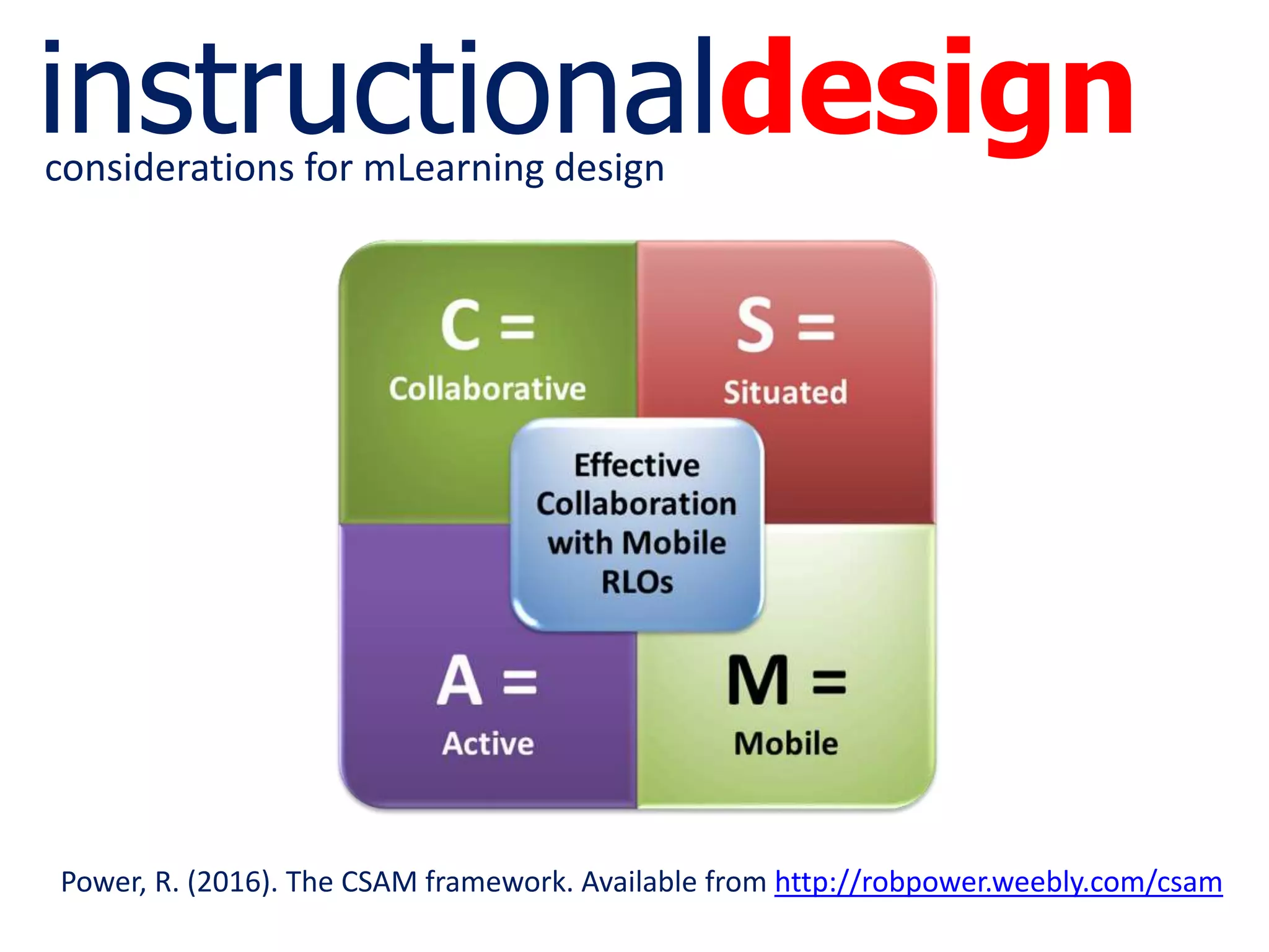 instructionaldesignconsiderations for mLearning design
Power, R. (2016). The CSAM framework. Available from http://robpower.weebly.com/csam
 