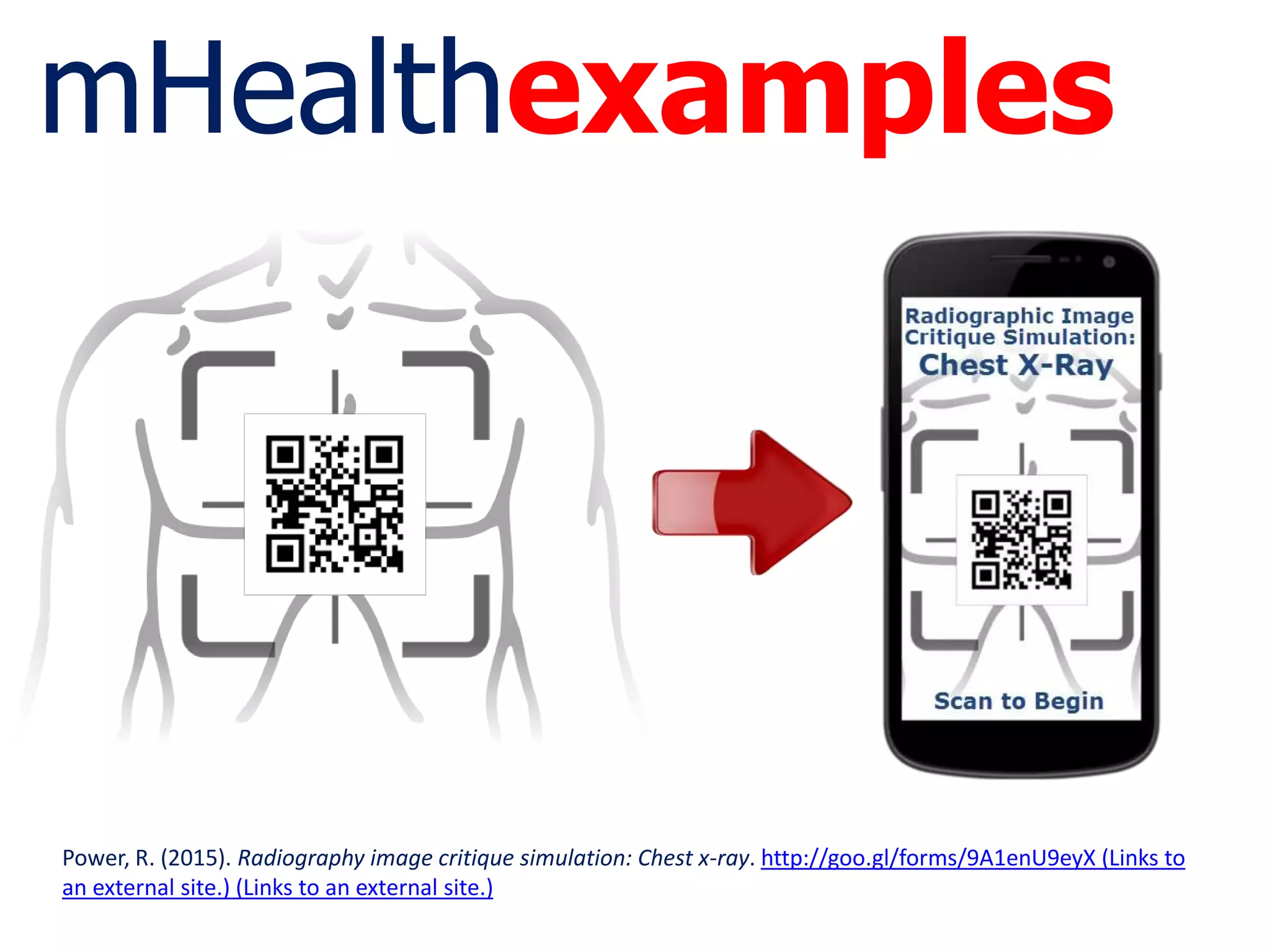 mHealthexamples
Power, R. (2015). Radiography image critique simulation: Chest x-ray. http://goo.gl/forms/9A1enU9eyX (Links to
an external site.) (Links to an external site.)
 