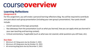 courseoverview
Learning Reflections
(Assignment 3)
For this assignment, you will create a personal learning reflections blog. You will be required to contribute
one post about each group presentation (including your own group's presentation). Your posts should
include:
 A brief overview of the topic presented.
 Key takeaways from the presentation (such as what you learned, how you can apply what you learned in
your own teaching and learning context).
 Critical commentary, if applicable (such as what was not covered, what questions you still have, etc).
Due Date:
• Minimum of 2 blog posts due by October 3, 2021
• Minimum of 6 blog posts due by October 31, 2021
• All remaining blog posts due by December 5, 2021
 