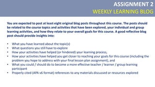 You are expected to post at least eight original blog posts throughout this course. The posts should
be related to the course topics and activities that have been explored, your individual and group
learning activities, and how they relate to your overall goals for this course. A good reflective blog
post should provide insights into:
• What you have learned about the topic(s)
• What questions you still have to explore
• How your activities have helped (or hindered) your learning process,
• How your activities have helped you get closer to reaching your goals for this course (including the
problem you hope to address with your final lesson plan assignment), and
• What you could / should do to become a more effective teacher / learner / group learning
participant
• Properly cited (APA v6 format) references to any materials discussed or resources explored
ASSIGNMENT 2
WEEKLY LEARNING BLOG
 
