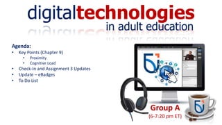 digitaltechnologies
in adult education
Group A
(6-7:20 pm ET)
Agenda:
• Key Points (Chapter 9)
• Proximity
• Cognitive Load
• Check-In and Assignment 3 Updates
• Update – eBadges
• To Do List
 