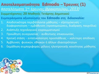 Αποτελεσματικότητα Edmodo – Έρευνες (1)
Αποτελέσματα 1ης έρευνας (Δρακοπούλου, 2013)
Συμμετέχοντες: 20 Μαθητές Τετάρτης Δημοτικού
Συμπεράσματα αξιοποίησης του Edmodo στη διδασκαλία:
1. Αποδοτικότερα περιβάλλοντα μάθησης – εξατομίκευση –
διαφοροποίηση – εμβάθυνση (προσομοιώσεις, διαδραση, παιχνίδια)
2. Ανάπτυξη τεχνολογικού εγγραμματισμού
3. Προώθηση συνεργασίας - αυθεντικης επικοινωνίας
4. Κριτική στάση - εντατικοποίηση προσπάθειας – καλύτερη απόδοση
5. Άμβλυνση φυσικών, εθνικών ή άλλων ιδιαιτερότητων
6. Εκμάθηση συμπεριφοράς μέλους ηλεκτρονικής κοινότητας μάθησης
 