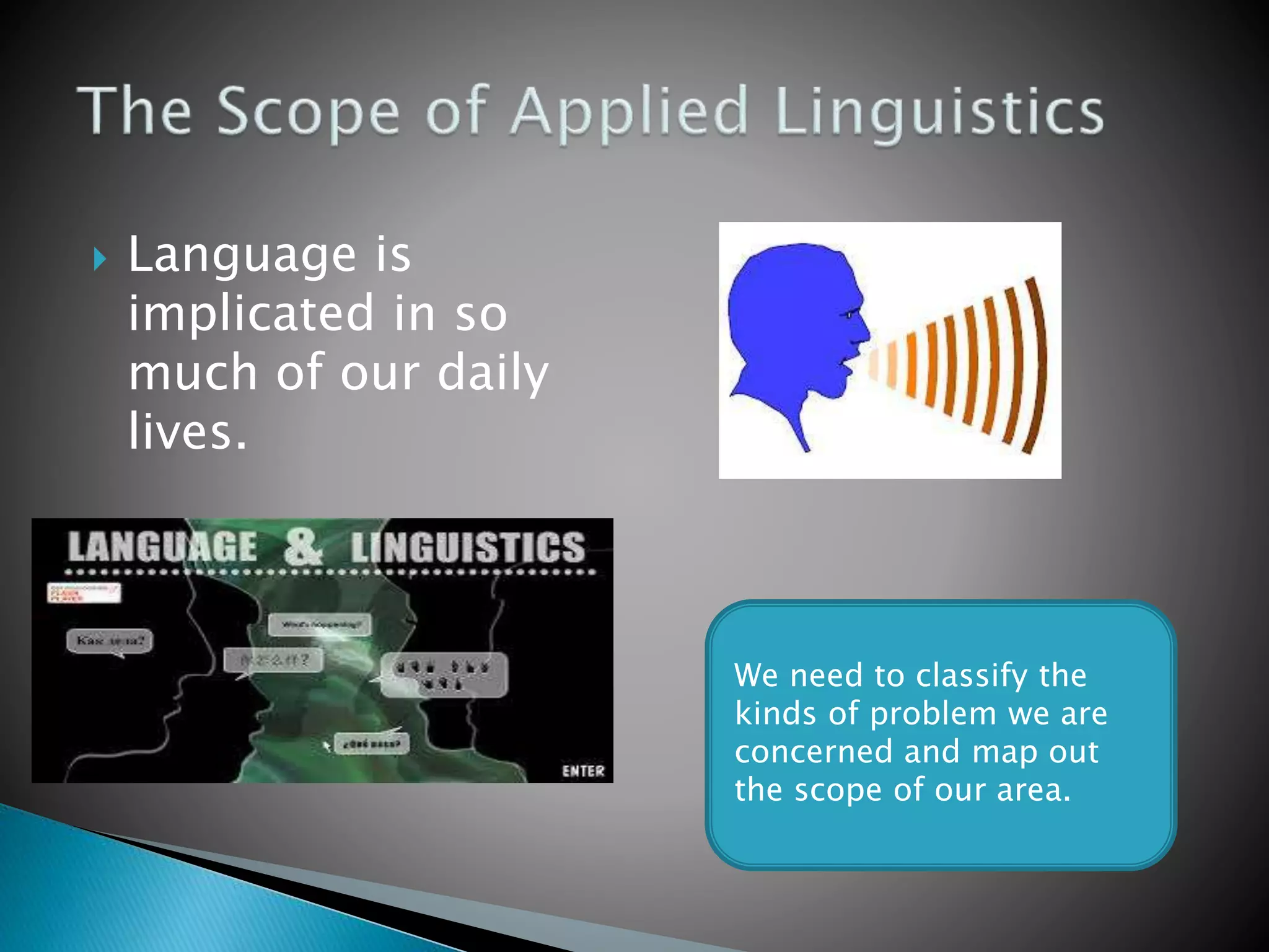  Language is
implicated in so
much of our daily
lives.
We need to classify the
kinds of problem we are
concerned and map out
the scope of our area.
 
