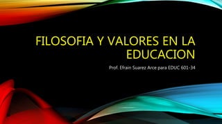 FILOSOFIA Y VALORES EN LA
EDUCACION
Prof. Efrain Suarez Arce para EDUC 601-34
 