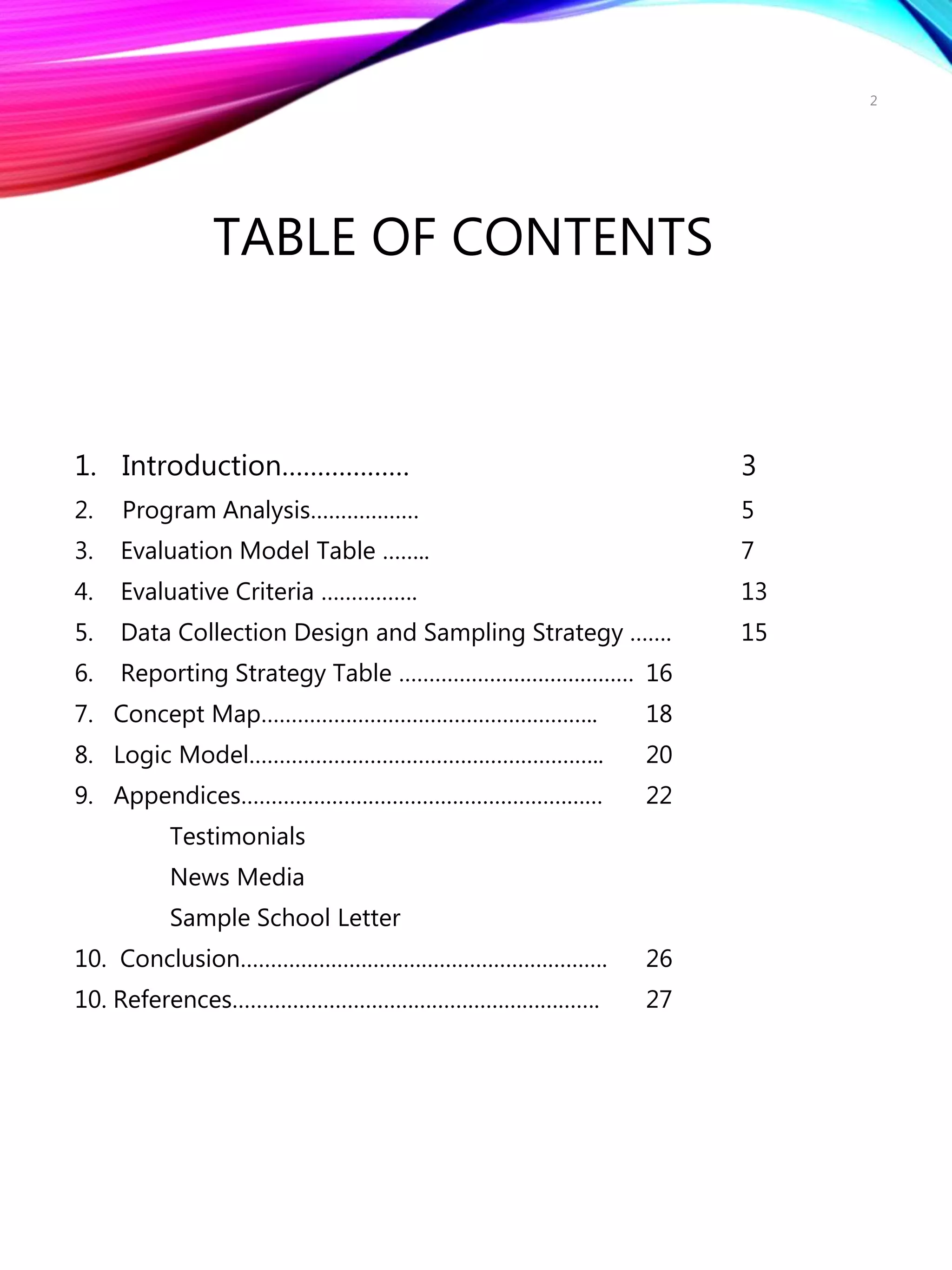 TABLE OF CONTENTS
1. Introduction……………… 3
2. Program Analysis……………… 5
3. Evaluation Model Table …….. 7
4. Evaluative Criteria ……………. 13
5. Data Collection Design and Sampling Strategy ……. 15
6. Reporting Strategy Table ………………………………… 16
7. Concept Map……………………………………………….. 18
8. Logic Model………………………………………………….. 20
9. Appendices…………………………………………………… 22
Testimonials
News Media
Sample School Letter
10. Conclusion……………………………………………………. 26
10. References……………………………………………………. 27
2
 