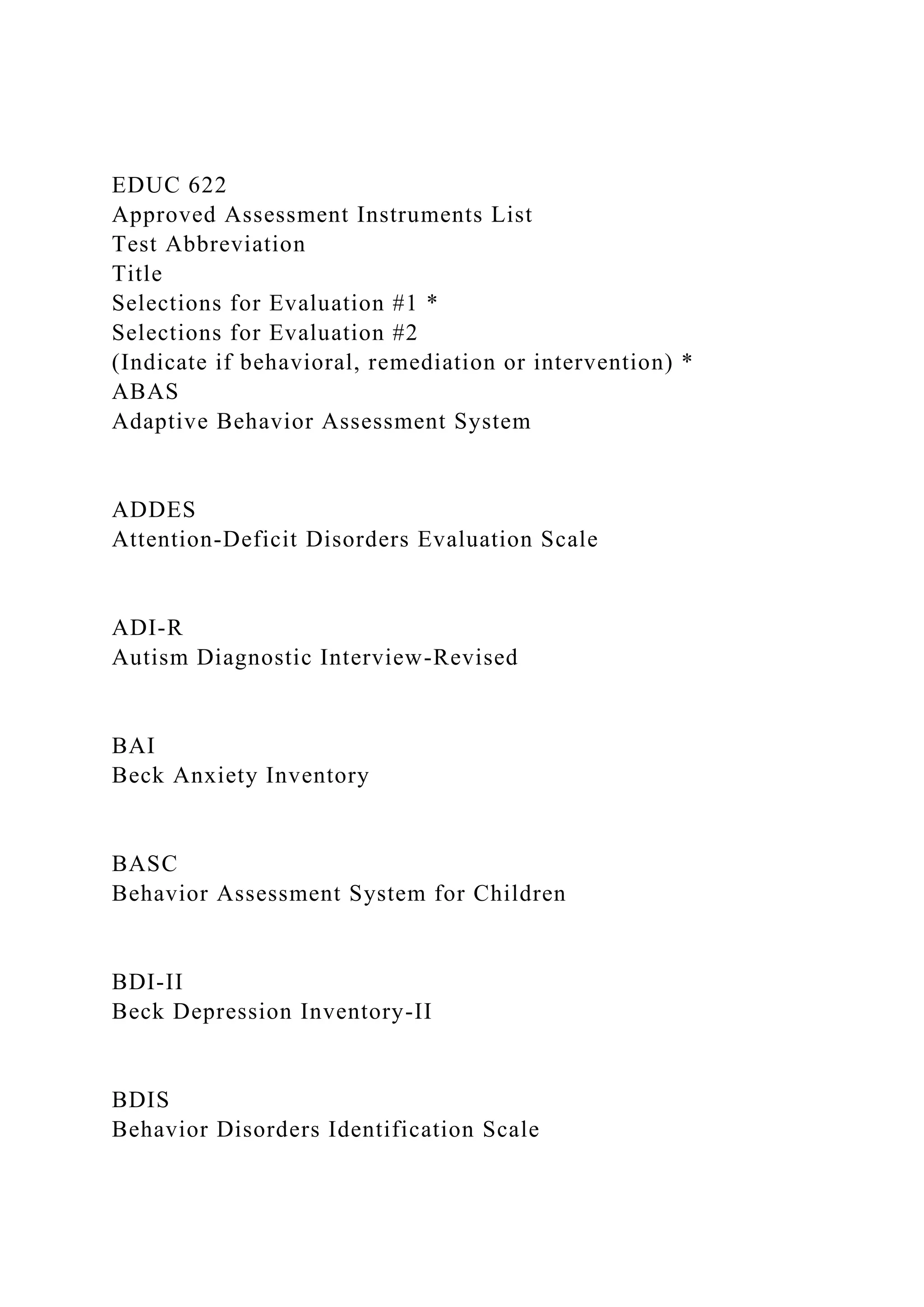 EDUC 622Approved Assessment Instruments ListTest Abbreviation.docx