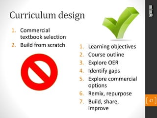 Curriculum design 
1.Commercial textbook selection 
2.Build from scratch 
1.Learning objectives 
2.Course outline 
3.Explo...