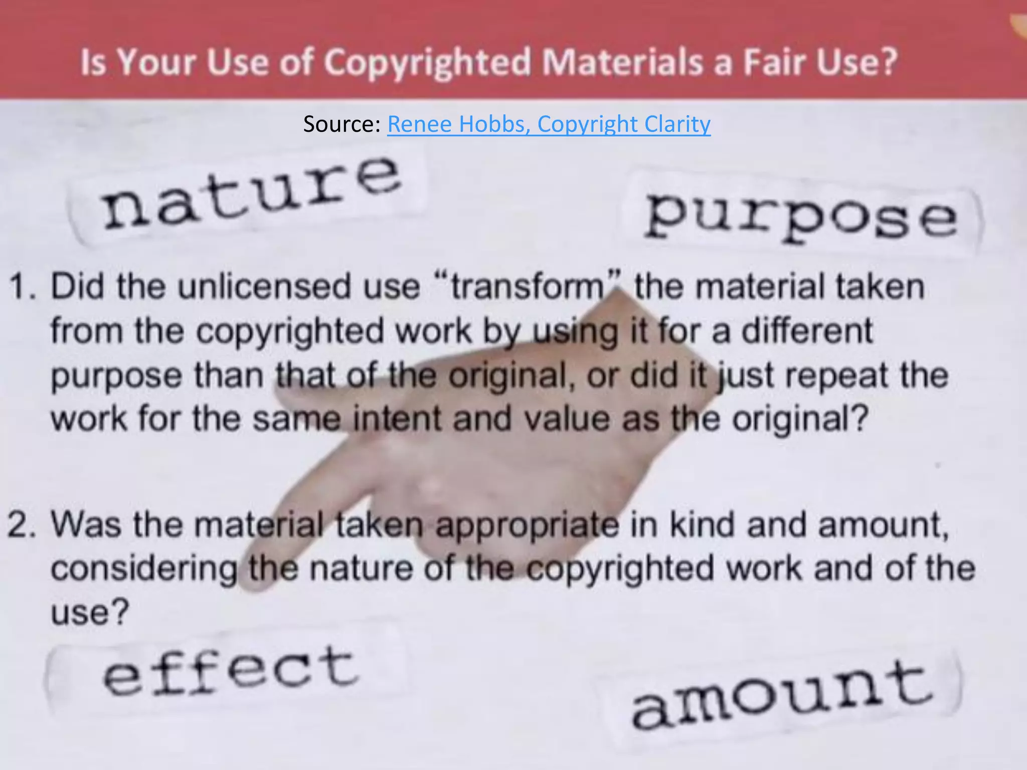 Source: Renee Hobbs, Copyright Clarity




                                         #udsnf12 - M. Plourde - Nov. 5, 2012
                                         10
 