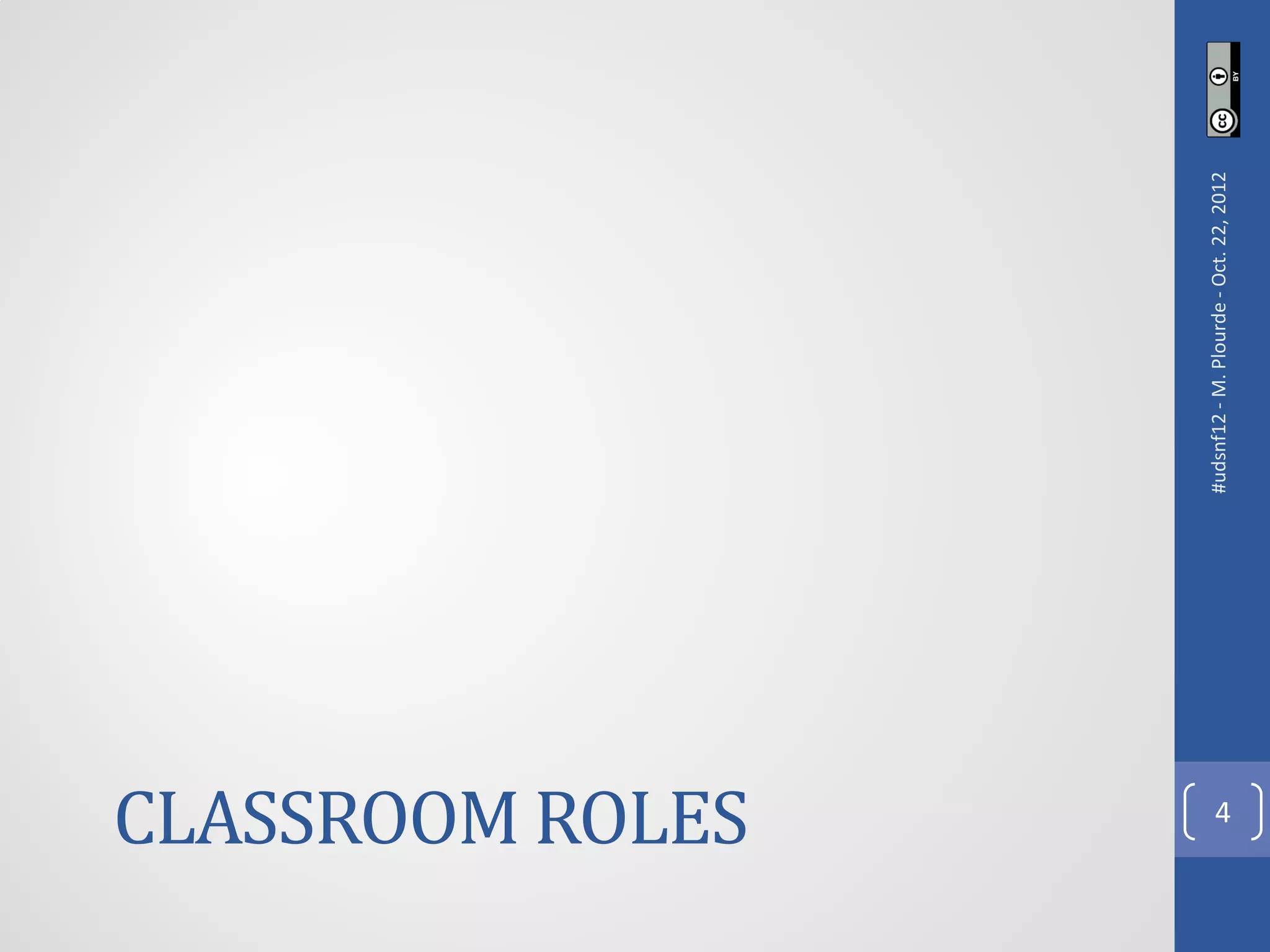 CLASSROOM ROLES
       4




                  #udsnf12 - M. Plourde - Oct. 22, 2012
 