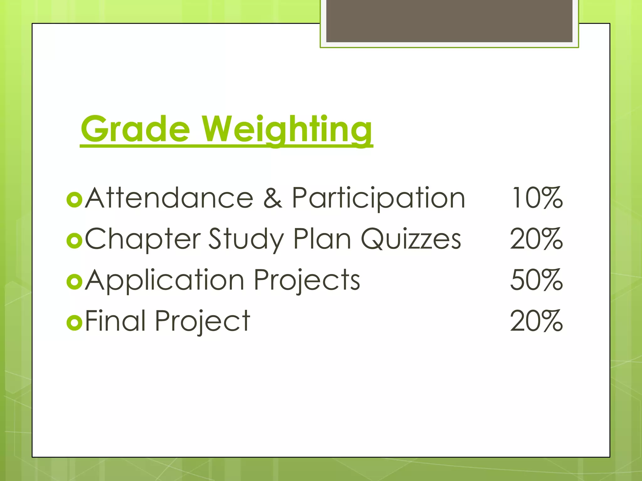 Grade Weighting
Attendance    & Participation   10%
Chapter Study Plan Quizzes      20%
Application Projects            50%
Final Project                   20%
 