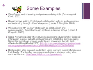 Some ExamplesWeb Quests enrich learning and problem-solving skills (Cavanaugh & Clark, 2007).Blogs improve writing, English and collaboration skills as well as deepen understanding through others’ viewpoints (Lemke & Coughlin, 2009).Wikis improve 21st Century skills such as collaboration and communication.  School work can continue outside of school (Lemke & Coughlin, 2009).Social Networking sites where students can share educational or personal information in order to build relationships and establish a team mentality.  Using this format can engage students and encourage them to think differently (Gillard& Bailey,2007). http://groups.google.com/group/reaching-and-engaging-all-learners-through-technology-group-1?hl=en&pli=1Bookmarking sites to assist students in using relevant, meaningful sites on their levels.  The teacher can recommend sites to students using sites such as this one.  http://www.delicious.com/lynnekmath